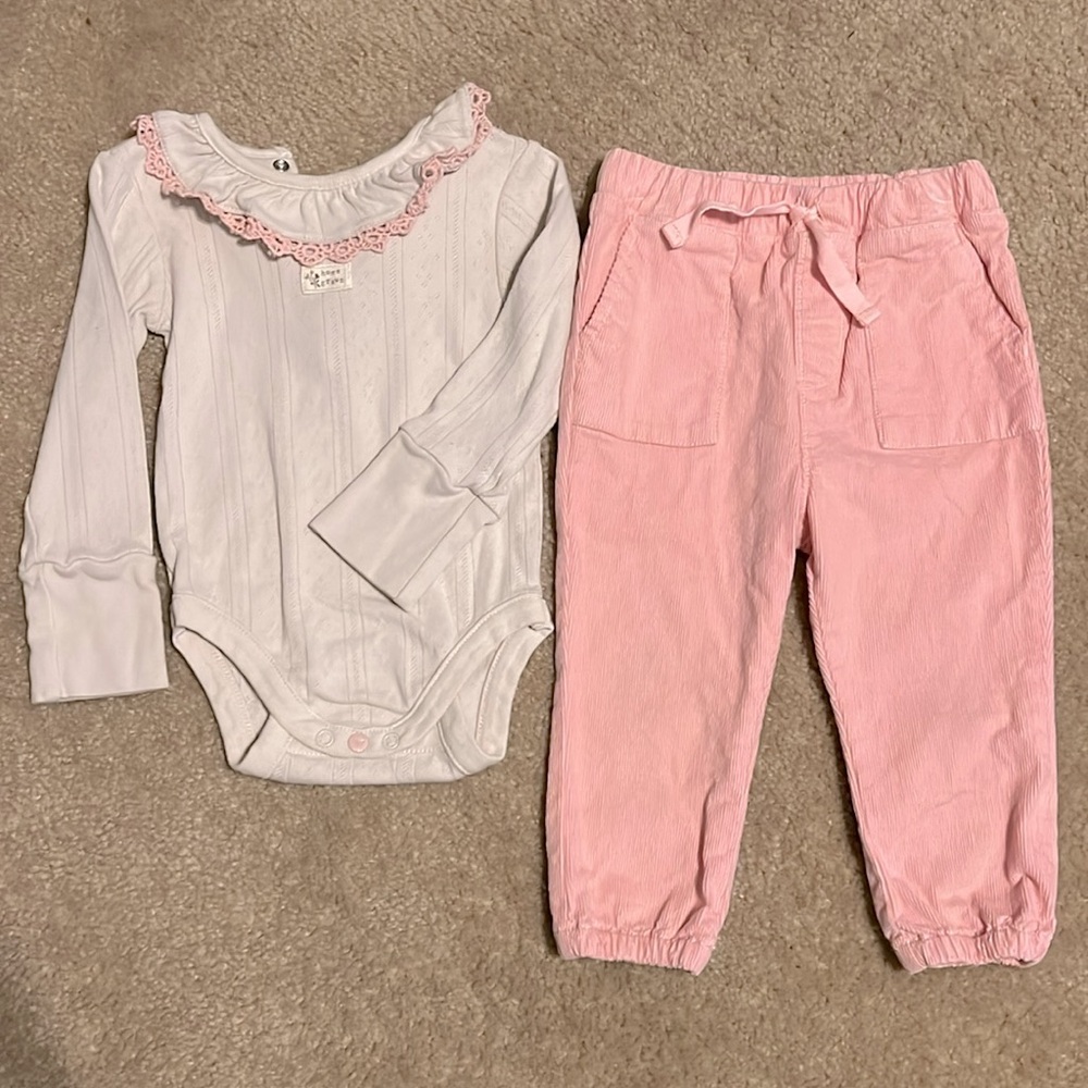 Home Grown Pink Corduroy Kids Bottoms Pants Matching Onesie Frilly Ruffle Neck
